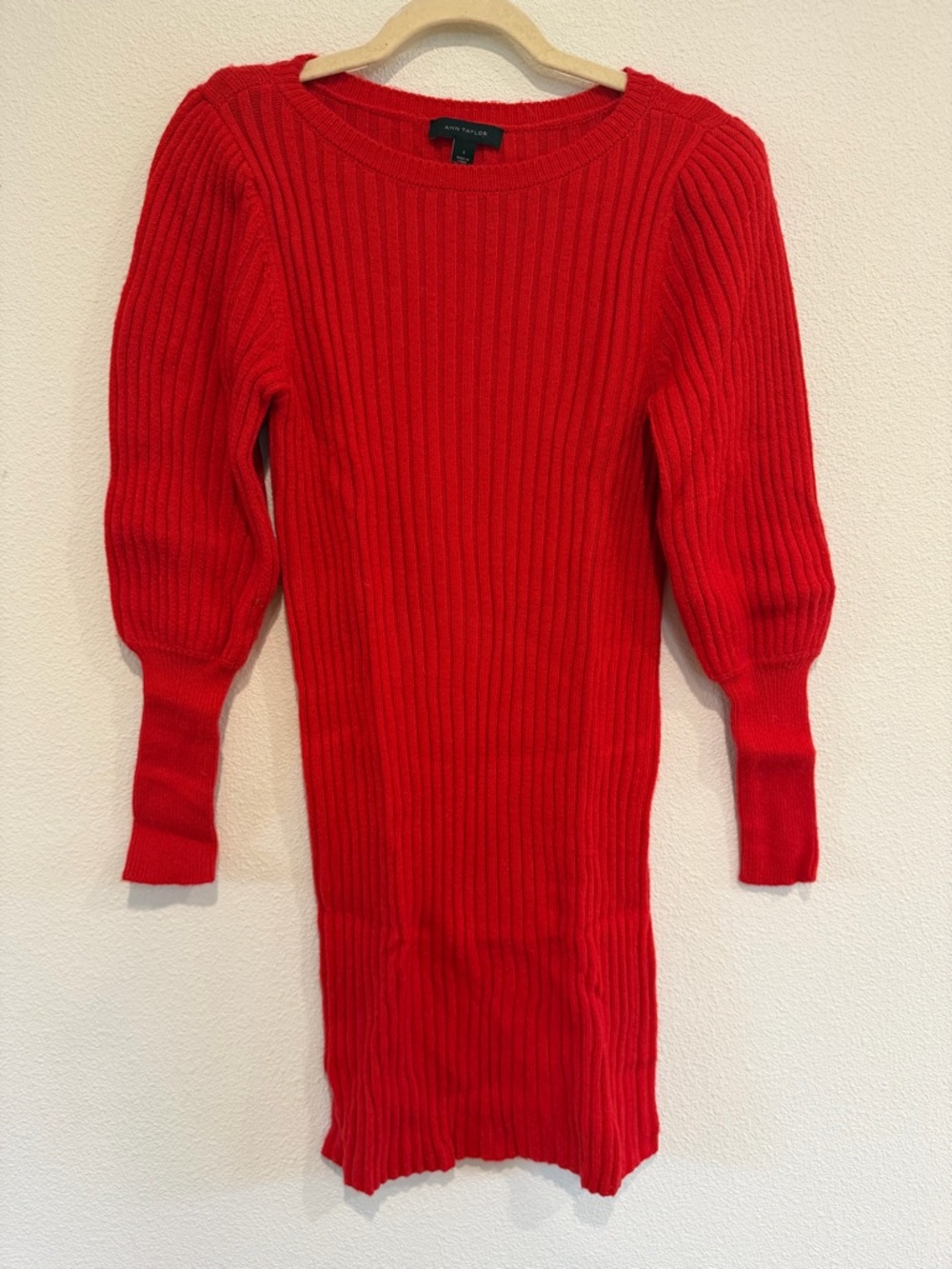Ann Taylor Bright Red Ribbed Crewneck Sweater